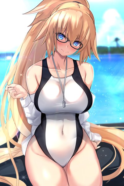 Anime picture 1075x1607 with fate (series) fate/grand order jeanne d'arc (fate) (all) jeanne d'arc (swimsuit archer) untue single tall image looking at viewer blush fringe breasts blue eyes light erotic blonde hair smile hair between eyes large breasts sitting bare shoulders sky