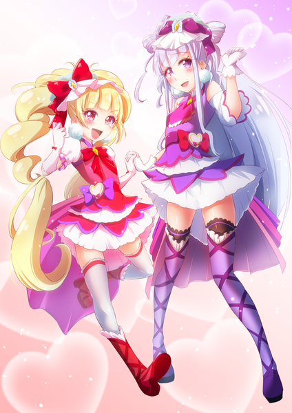 Anime picture 1518x2150 with precure hugtto! precure toei animation ruru amour aisaki emiru cure amour cure macherie fuyuzora long hair tall image looking at viewer blush fringe open mouth blonde hair smile red eyes standing purple eyes twintails