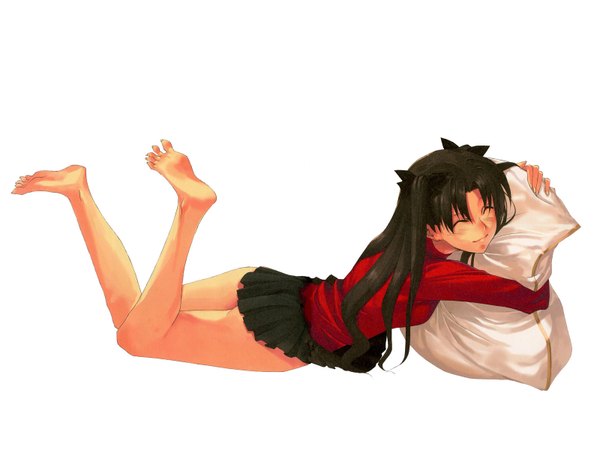 Anime picture 1600x1200 with fate (series) fate/stay night studio deen type-moon toosaka rin black hair simple background white background lying eyes closed barefoot bare legs hug happy on stomach skirt pillow