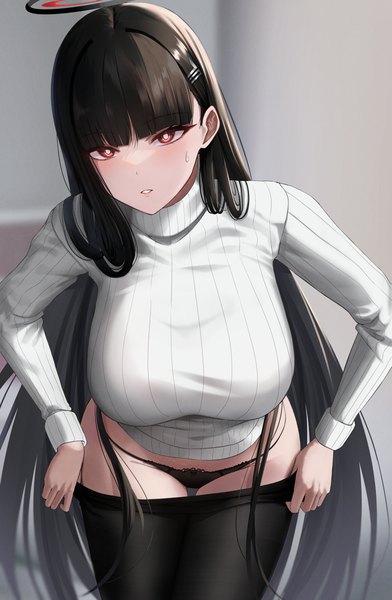 Anime picture 1020x1563 with blue archive rio (blue archive) yamikyon single long hair tall image looking at viewer fringe breasts light erotic black hair red eyes large breasts standing blunt bangs long sleeves parted lips leaning leaning forward sweatdrop