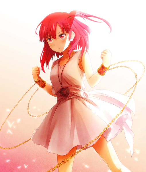 Anime picture 1000x1178 with magi the labyrinth of magic a-1 pictures morgiana arya (artist) single long hair tall image blush pink hair pink eyes sunlight one side up girl dress belt chain fist shackles