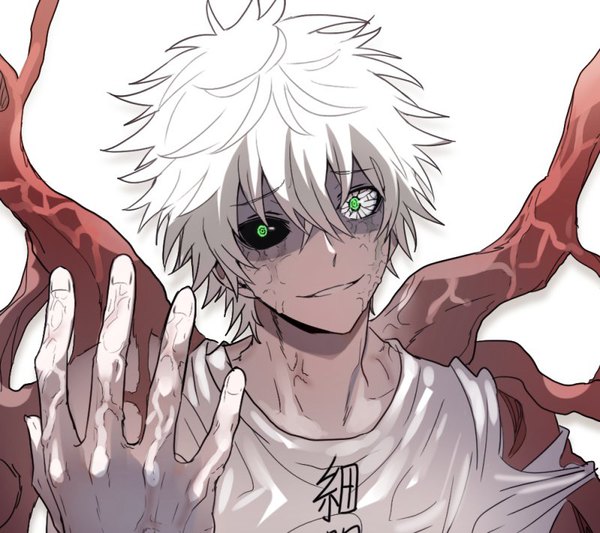 Anime picture 800x711 with hataraku saibou david production cancer cell (hataraku saibou) roh 1030 single looking at viewer fringe short hair simple background hair between eyes white background green eyes upper body white hair head tilt torn clothes hieroglyph clothes writing black sclera evil grin