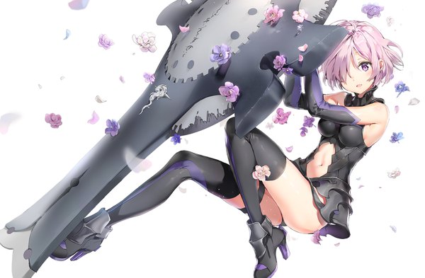 Anime picture 2006x1317 with fate (series) fate/grand order mash kyrielight anmi single looking at viewer fringe highres short hair breasts open mouth light erotic simple background white background bare shoulders pink hair full body bent knee (knees) hair over one eye arms up