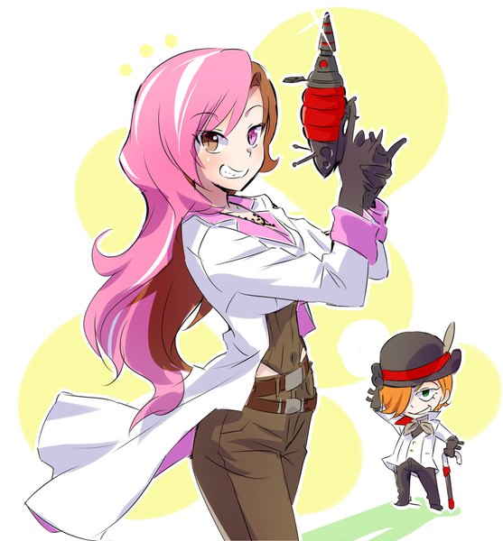 Anime picture 1671x1800 with rwby rooster teeth neopolitan (rwby) roman torchwick iesupa tall image looking at viewer fringe simple background smile brown hair holding brown eyes green eyes pink hair long sleeves pink eyes multicolored hair hair over one eye orange hair