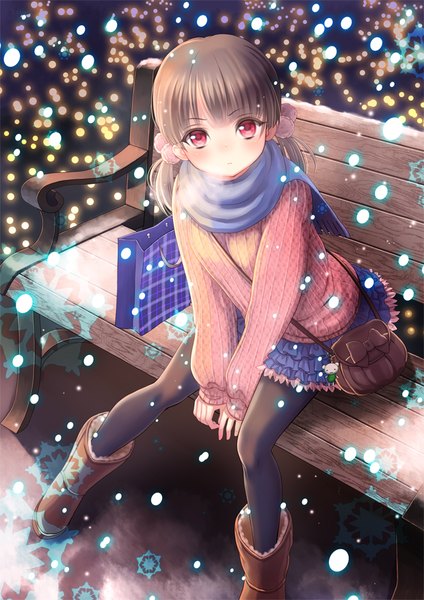 Anime picture 620x877 with girlfriend (kari) shigino mutsumi tamaki mitsune single long hair tall image looking at viewer blush fringe red eyes brown hair sitting twintails from above leaning spread legs leaning forward low twintails short twintails snowing