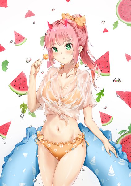 Anime picture 1240x1754 with darling in the franxx studio trigger zero two (darling in the franxx) yuuki mix single long hair tall image looking at viewer blush fringe breasts light erotic simple background standing white background holding green eyes pink hair cleavage ponytail