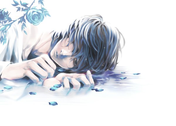 Anime picture 1400x1000 with death note madhouse l (death note) single long hair looking at viewer fringe simple background white background blue hair silver hair lying hair over one eye wet boy flower (flowers) petals water rose (roses) blue rose