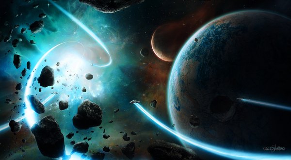 Anime picture 1600x880 with original shue13 wide image light no people scenic space science fiction star (stars) planet spacecraft