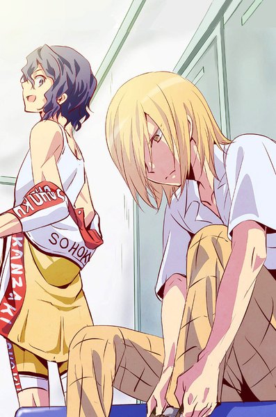 Anime picture 550x831 with yowamushi pedal teshima junta aoyagi hajime kushimori tall image fringe short hair open mouth black hair blonde hair sitting bare shoulders yellow eyes looking away profile black eyes hair over one eye multiple boys looking down wavy hair