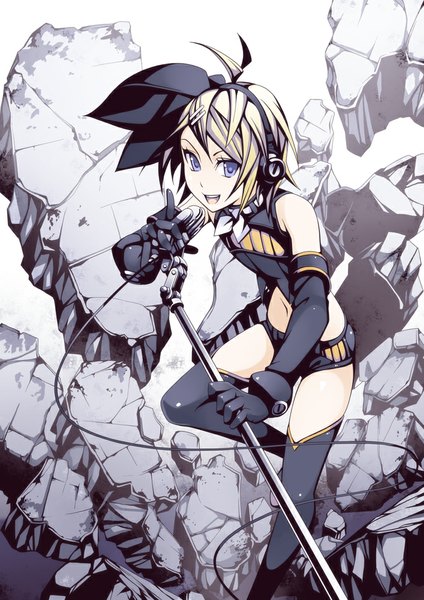 Anime picture 707x1000 with vocaloid kagamine rin torigoe takumi single tall image short hair open mouth blue eyes blonde hair bare shoulders destruction girl thighhighs gloves bow black thighhighs hair bow elbow gloves shorts headphones
