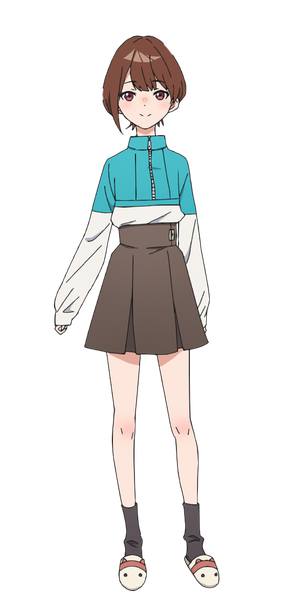 Anime picture 760x1600 with yoru no kurage wa oyogenai kaho (yoru no kurage wa oyogenai) single tall image looking at viewer short hair smile brown hair standing brown eyes full body long sleeves official art sleeves past wrists transparent background girl skirt socks shoes black socks