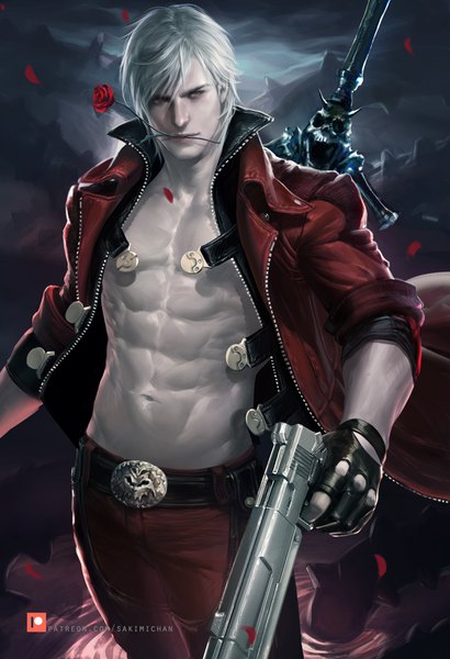 Anime picture 2395x3500 with devil may cry dante (devil may cry) sakimichan single tall image looking at viewer fringe highres short hair hair between eyes standing holding signed silver hair realistic night open jacket mouth hold watermark muscle