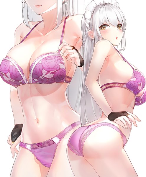 Anime picture 1014x1230 with original kfr long hair tall image blush fringe breasts open mouth light erotic simple background hair between eyes large breasts standing white background bare shoulders yellow eyes payot cleavage silver hair ass