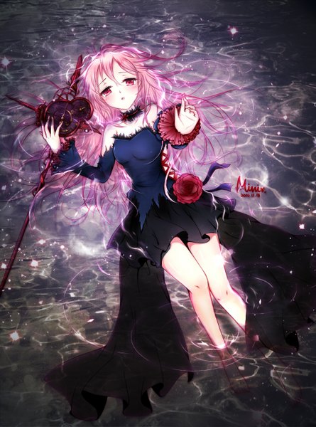 Anime picture 980x1320 with guilty crown production i.g yuzuriha inori mini single long hair tall image looking at viewer blush fringe open mouth red eyes bare shoulders pink hair lying from above bare legs outstretched arm pale skin girl
