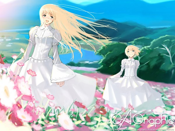 Anime picture 1024x768 with gagraphic long hair short hair open mouth blonde hair smile multiple girls green eyes long sleeves inscription landscape girl dress flower (flowers) 2 girls white dress