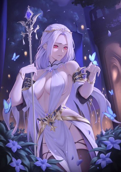 Anime picture 2894x4093 with original nmi single long hair tall image fringe highres breasts light erotic red eyes large breasts standing bare shoulders holding looking away outdoors white hair parted lips night night sky