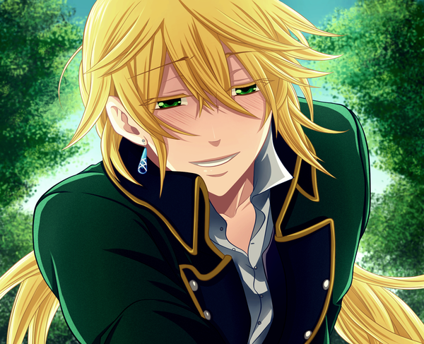 Anime picture 1000x813 with pandora hearts xebec jack vessalius hao-hime single long hair blush blonde hair smile green eyes sky cloud (clouds) coloring portrait open collar boy plant (plants) earrings tree (trees)
