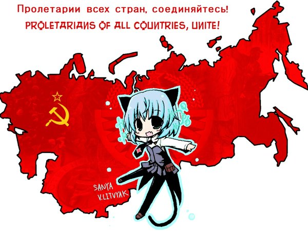 Anime picture 1024x768 with strike witches sanya v. litvyak animal ears tail teeth fang (fangs) hammer and sickle soviet russia communism uniform pantyhose