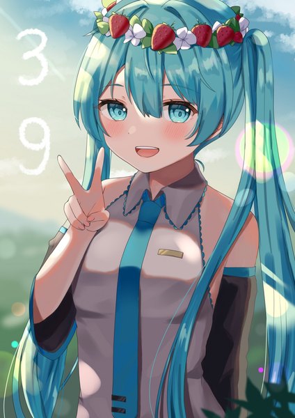 Anime picture 1131x1600 with vocaloid hatsune miku amai melo single long hair tall image looking at viewer blush fringe open mouth hair between eyes twintails upper body :d aqua eyes aqua hair lens flare victory 39 girl