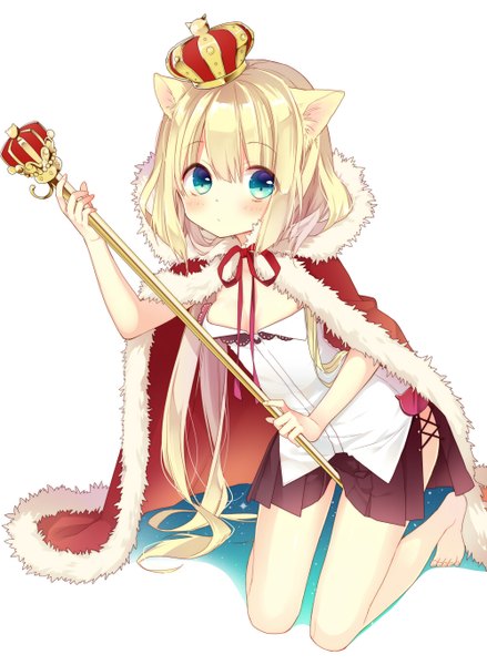 Anime picture 1000x1368 with original naoto (tulip) single long hair tall image blush breasts blue eyes light erotic simple background blonde hair white background animal ears cleavage tail very long hair animal tail barefoot aqua eyes cat ears