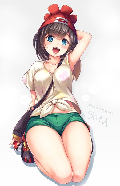 Anime picture 1000x1536 with pokemon pokemon sm nintendo selene (pokemon) snowcanvas single tall image looking at viewer blush fringe short hair breasts open mouth blue eyes light erotic black hair simple background hair between eyes large breasts white background