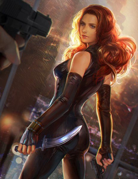 Anime picture 638x825 with marvel comics black widow natasha romanoff jiuge long hair tall image blue eyes standing bare shoulders ass red hair looking back realistic wavy hair solo focus girl gloves weapon black gloves elbow gloves