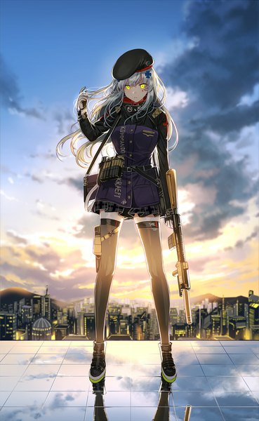 Anime picture 700x1136 with girls frontline hk416 (girls frontline) silence girl single long hair tall image looking at viewer fringe breasts hair between eyes standing holding yellow eyes sky silver hair cloud (clouds) full body outdoors long sleeves pleated skirt