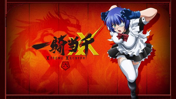 Anime picture 1920x1080 with ikkitousen ryomou shimei highres short hair open mouth wide image green eyes blue hair maid red background framed running bandage over one eye girl thighhighs gloves white thighhighs