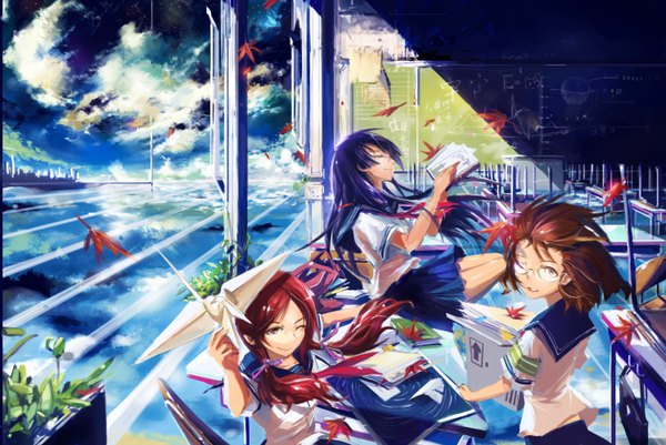 Anime picture 2990x2000 with original stu dts long hair highres short hair smile red eyes brown hair sitting twintails multiple girls brown eyes sky purple hair cloud (clouds) red hair one eye closed wind wink landscape