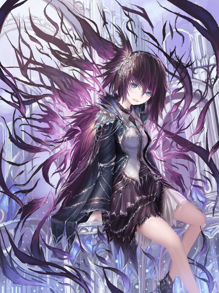 Anime picture 1200x1600 with original rinmmo single tall image looking at viewer fringe short hair breasts blue eyes hair between eyes brown hair sitting purple hair bent knee (knees) outdoors parted lips arm support gradient hair girl dress