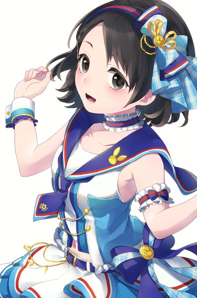 Anime picture 960x1455 with idolmaster idolmaster cinderella girls idolmaster cinderella girls starlight stage sasaki chie neko-san (dim.dream) single tall image looking at viewer blush short hair open mouth black hair simple background white background from above black eyes spread arms sailor collar step to the future girl