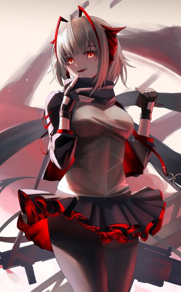Anime picture 1284x2063 with arknights w (arknights) dhokidoki single tall image looking at viewer blush fringe short hair breasts open mouth red eyes standing holding silver hair ahoge blunt bangs head tilt :d pleated skirt
