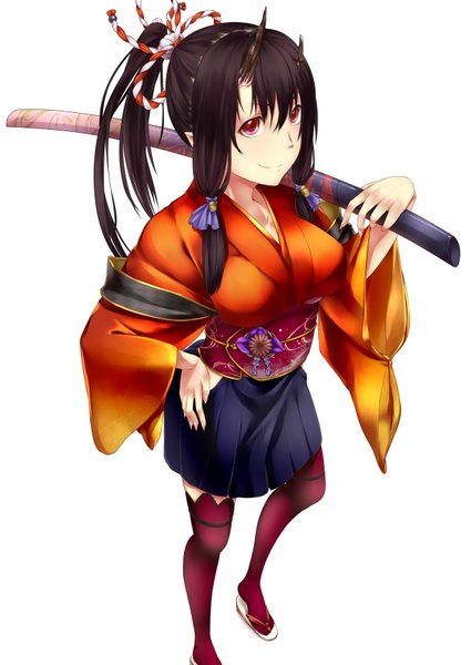 Anime picture 2467x3486 with original dushe single long hair tall image looking at viewer highres black hair smile red eyes white background ponytail horn (horns) light smile girl thighhighs weapon sword katana obi