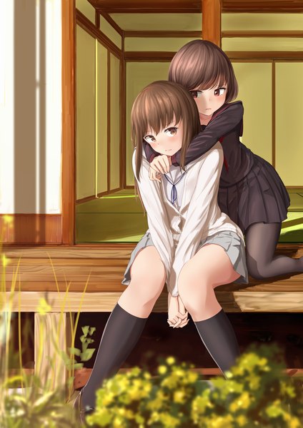 Anime picture 1158x1638 with original minagiku long hair tall image blush short hair brown hair sitting multiple girls brown eyes hug shoujo ai girl skirt uniform 2 girls school uniform socks black socks sliding doors