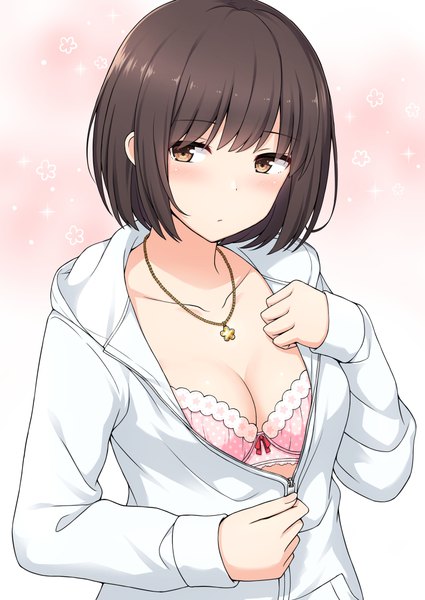 Anime picture 752x1062 with original nakamura sumikage single tall image looking at viewer blush fringe short hair breasts light erotic simple background hair between eyes brown hair brown eyes cleavage upper body long sleeves pink background floral background unzipped
