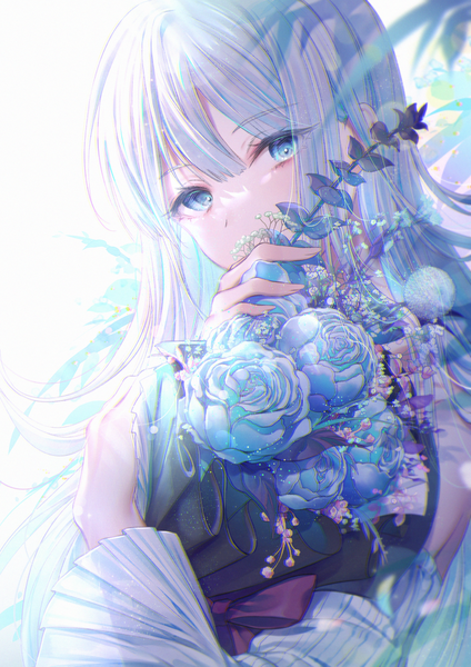 Anime picture 740x1047 with original ozzingo single long hair tall image looking at viewer fringe blue eyes hair between eyes silver hair upper body covered mouth girl flower (flowers) rose (roses) bouquet blue rose