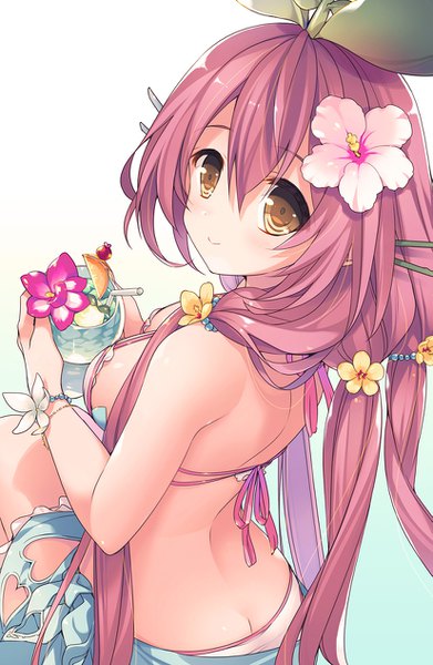 Anime picture 825x1264 with granblue fantasy yggdrasil (granblue fantasy) mizuno (suisuiw) single long hair tall image looking at viewer blush fringe breasts light erotic simple background smile hair between eyes twintails holding brown eyes pink hair looking back hair flower