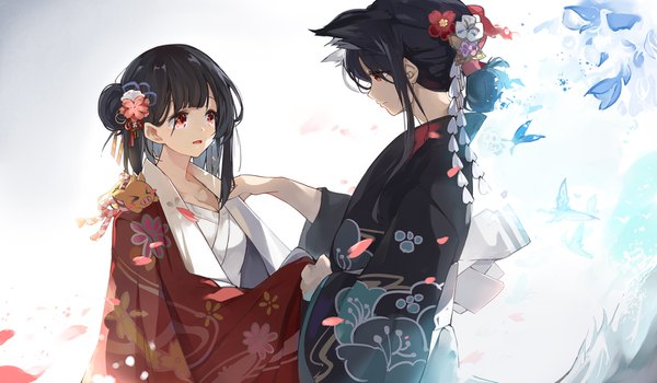 Anime picture 1500x877 with original mitu yang long hair fringe open mouth black hair red eyes wide image white background multiple girls animal ears blunt bangs traditional clothes japanese clothes profile hair flower hair bun (hair buns) tears eye contact asymmetrical hair