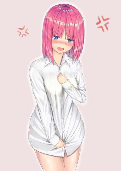 Anime-Bild 900x1271 mit go-toubun no hanayome nakano nino nyaa28 single tall image looking at viewer blush fringe short hair breasts open mouth blue eyes light erotic simple background smile hair between eyes standing pink hair blunt bangs :d