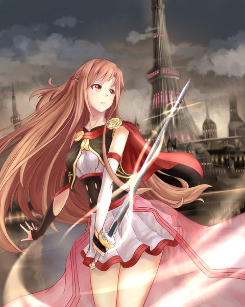 Anime picture 2194x2746 with sword art online a-1 pictures yuuki asuna zetchi no dianfeng single long hair tall image fringe highres brown hair standing holding brown eyes looking away sky cloud (clouds) outdoors braid (braids) parted lips wind