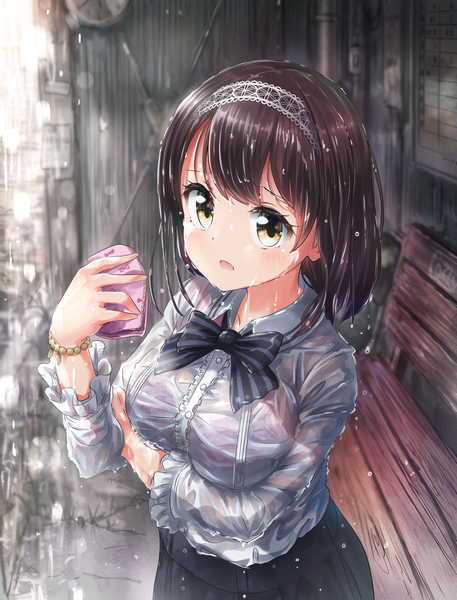 Anime picture 3048x4000 with battle girl high school sakaide mari tamanegi (12030028) single tall image looking at viewer blush highres short hair breasts open mouth light erotic brown hair large breasts standing yellow eyes absurdres outdoors long sleeves wet