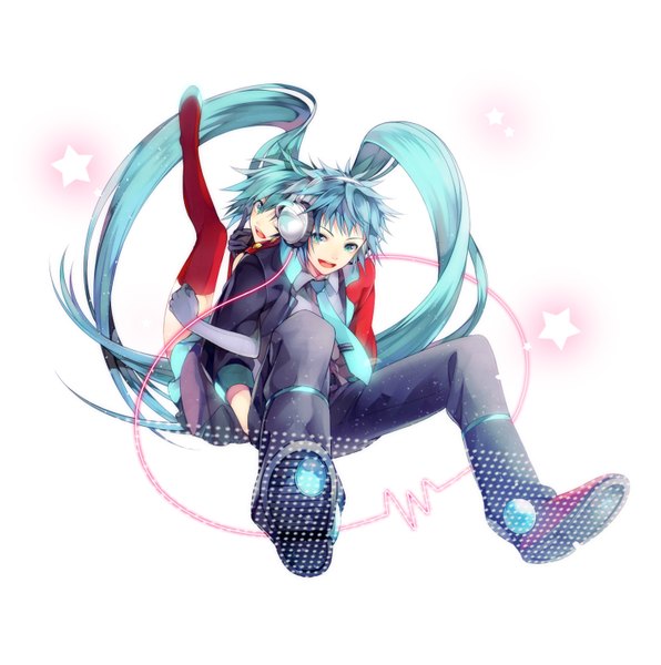 Anime picture 1500x1511 with vocaloid hatsune miku hatsune mikuo hakusai (tiahszld) long hair tall image short hair open mouth twintails blue hair aqua eyes aqua hair back to back genderswap girl boy skirt necktie headphones star (symbol)