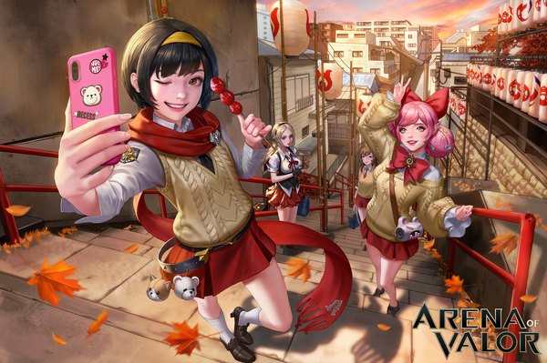 Anime picture 2300x1530 with arena of valor dospi long hair fringe highres short hair breasts open mouth blue eyes black hair blonde hair smile hair between eyes brown hair large breasts multiple girls holding brown eyes signed looking away