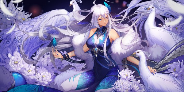 Anime picture 6000x3000 with original huayounian single long hair fringe highres breasts blue eyes hair between eyes wide image large breasts sitting looking away absurdres silver hair ahoge nail polish fingernails light smile blurry