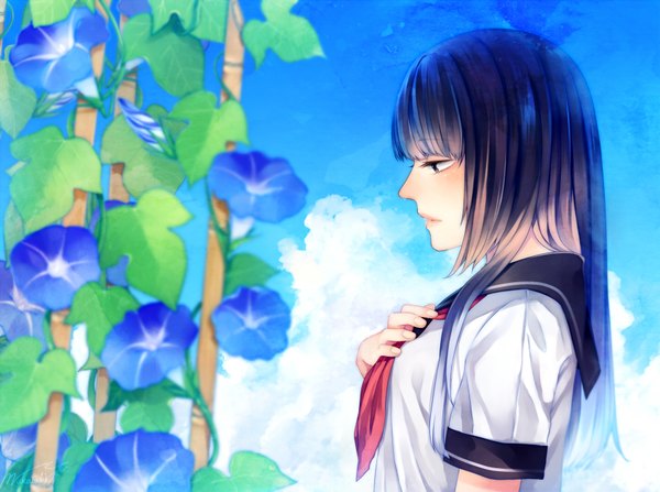 Anime picture 1700x1269 with original wakatsuki you single long hair blue hair cloud (clouds) profile black eyes girl uniform flower (flowers) plant (plants) serafuku morning glory