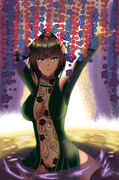 Anime picture 1340x2024 with one-punch man madhouse fubuki (one-punch man) kristi palmer31 single tall image looking at viewer fringe short hair breasts light erotic black hair large breasts sitting green eyes blunt bangs long sleeves light smile sunlight arms up