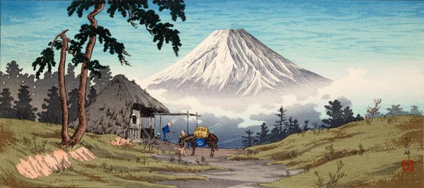 Anime picture 2560x1135 with original takahashi shoutei highres wide image signed sky mountain landscape plant (plants) animal tree (trees) people mount fuji donkey