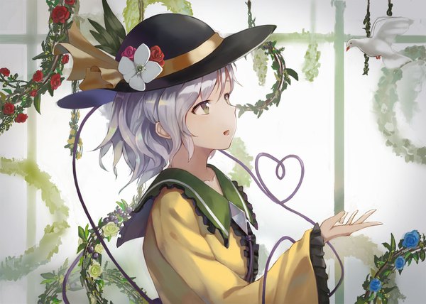 Anime picture 1680x1200 with touhou komeiji koishi baddream single short hair green eyes silver hair upper body profile outstretched hand heart of string girl flower (flowers) hat heart rose (roses) blouse