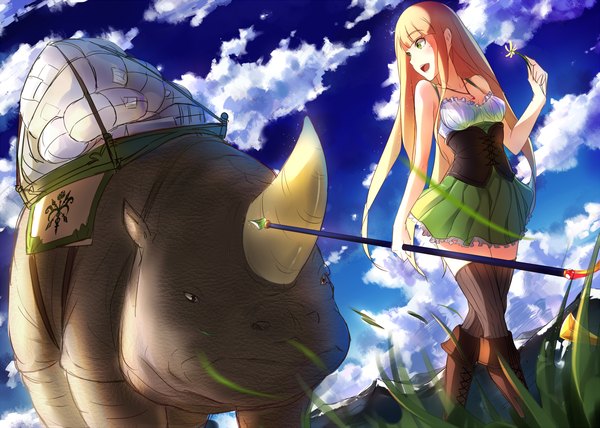 Anime picture 1500x1071 with original pixiv fantasia phantania long hair open mouth blonde hair green eyes sky cloud (clouds) looking back girl thighhighs skirt flower (flowers) black thighhighs miniskirt animal boots staff