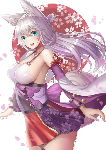 Anime picture 846x1200 with original mizuya nao single long hair tall image looking at viewer blush breasts open mouth light erotic large breasts white background bare shoulders animal ears silver hair tail animal tail aqua eyes wind sideboob